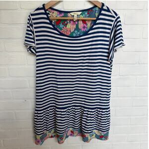 Matilda Jane Women's Navy Blue White Floral Striped Tunic Ruffle Top Shirt sz L